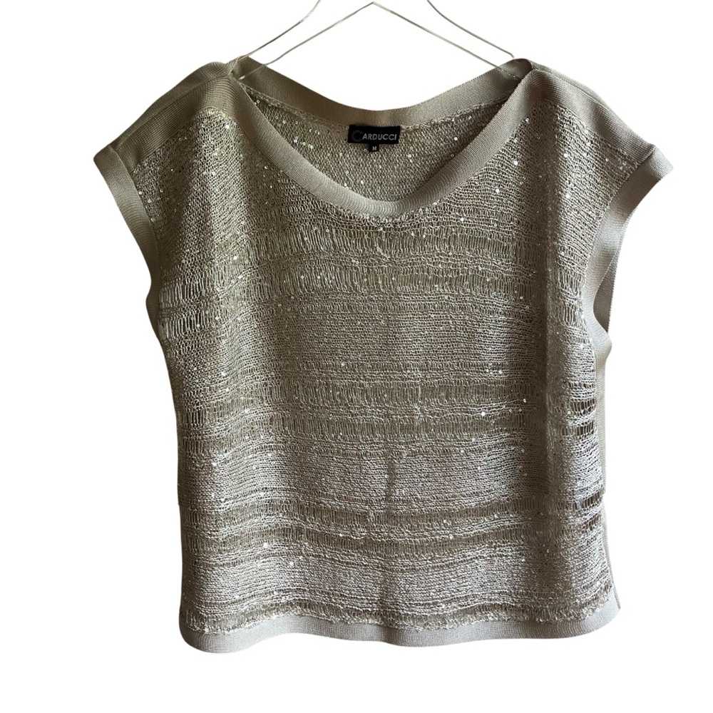 Carducci Sheer Open Knit Sequin Cap Sleeve Blouse Size M Champagne Going Out Top